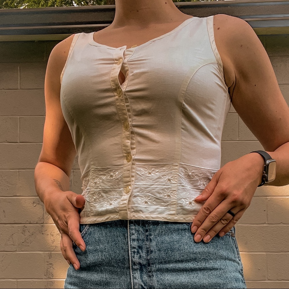 Cottagecore Linen Cotton Bodice Floral Embroidered Button Up Tank Top